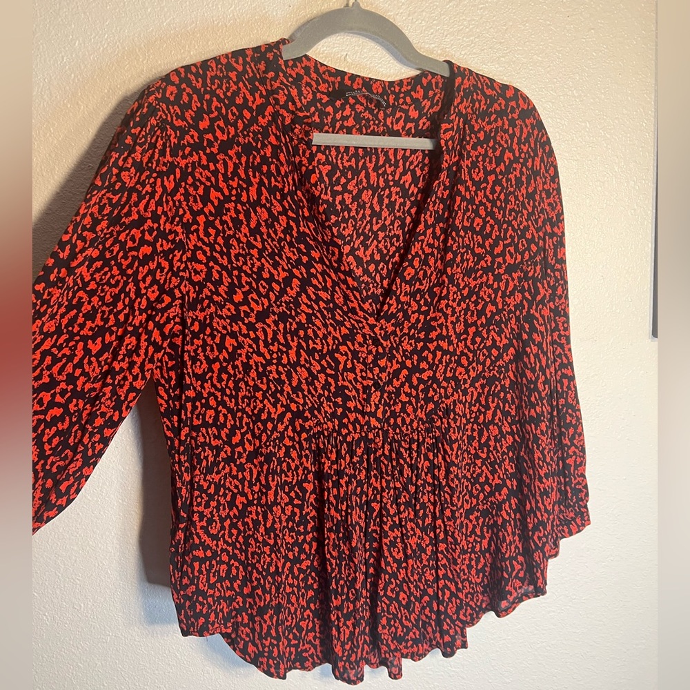 Zara Red and Black Leopard Print Peplum Blouse
